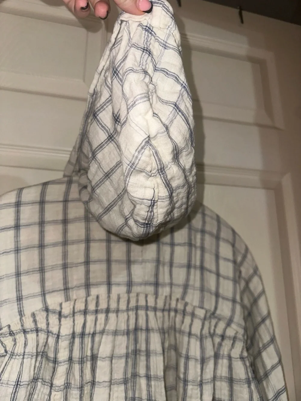 Free People Lightweight White and Blue Plaid Hooded Gauzy Cotton Tunic Top S
